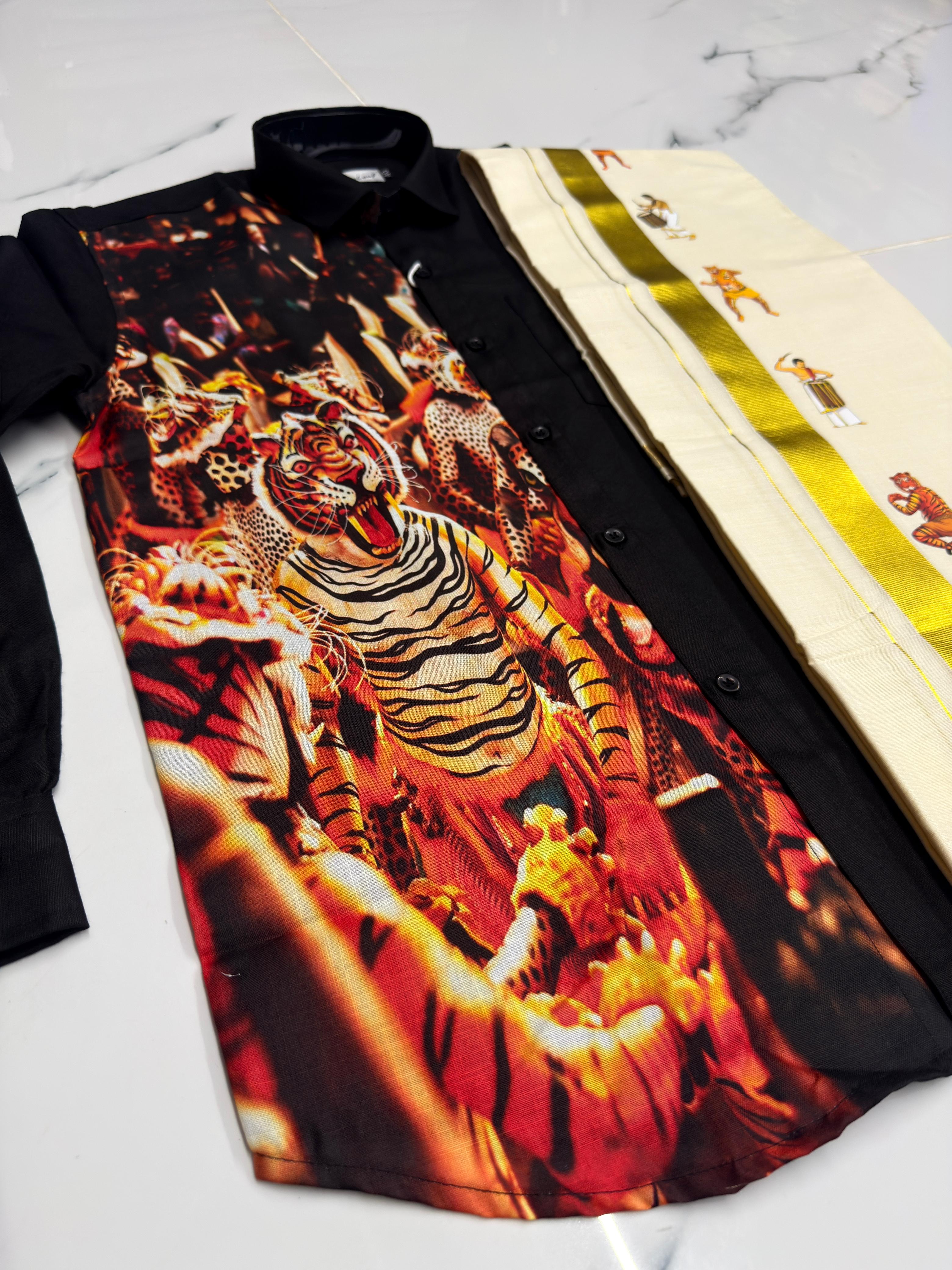 The Pulikali Festive Set – Premium Graphic Mens Shirt & Kasavu Mundu Combo