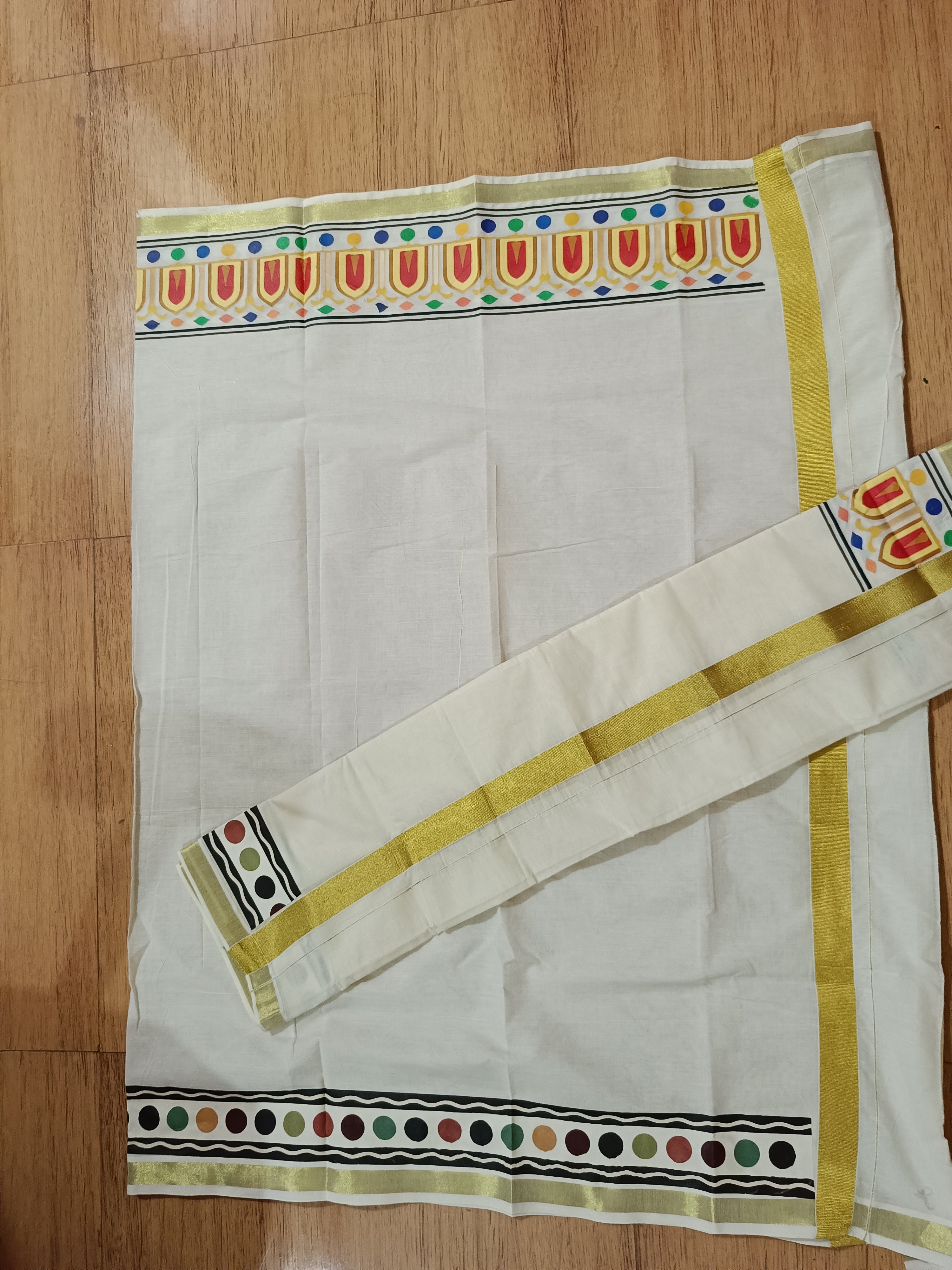 Kerala kasavu with Golden border munthani print - Ready to wear
