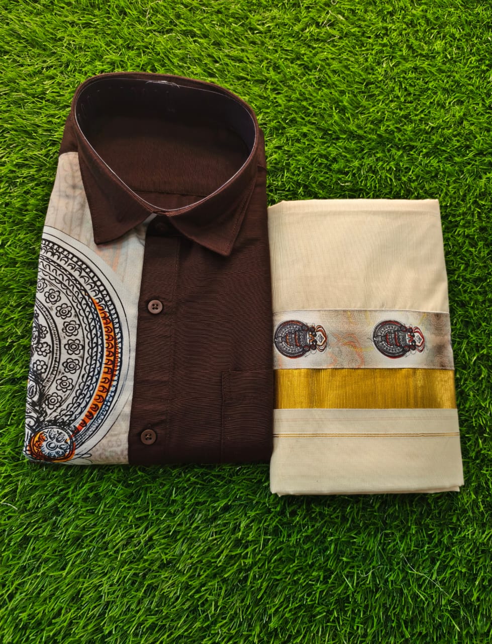 Kerala Traditional Kathakali Print Shirt and Mundu Combo for Mens