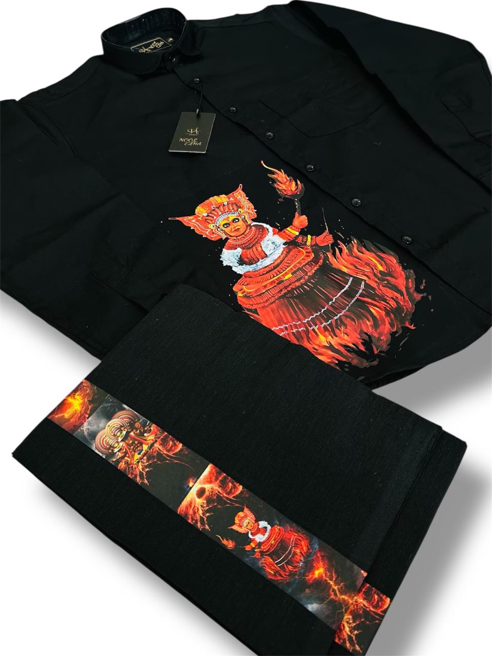 Kathakali heritage with fire Print mens shirt and dhoti combo