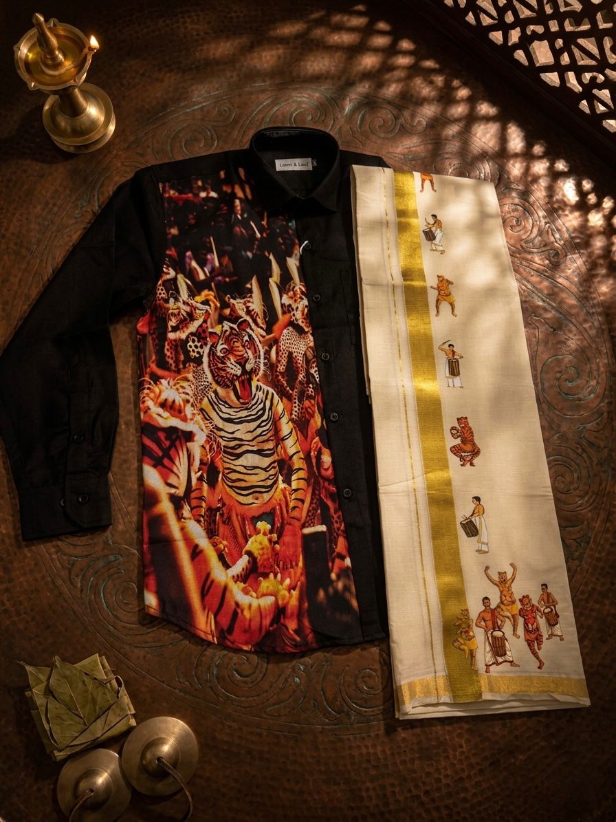 The Pulikali Festive Set – Premium Graphic Mens Shirt & Kasavu Mundu Combo