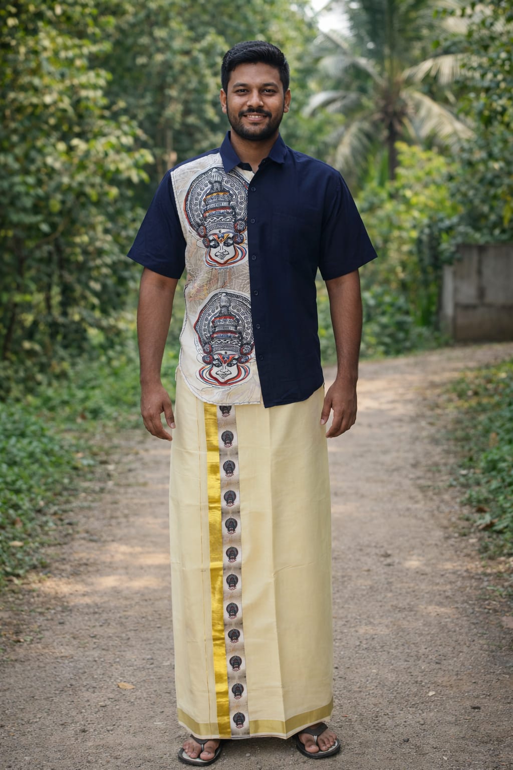 Kerala Traditional Kathakali Print Shirt and Mundu Combo for Mens