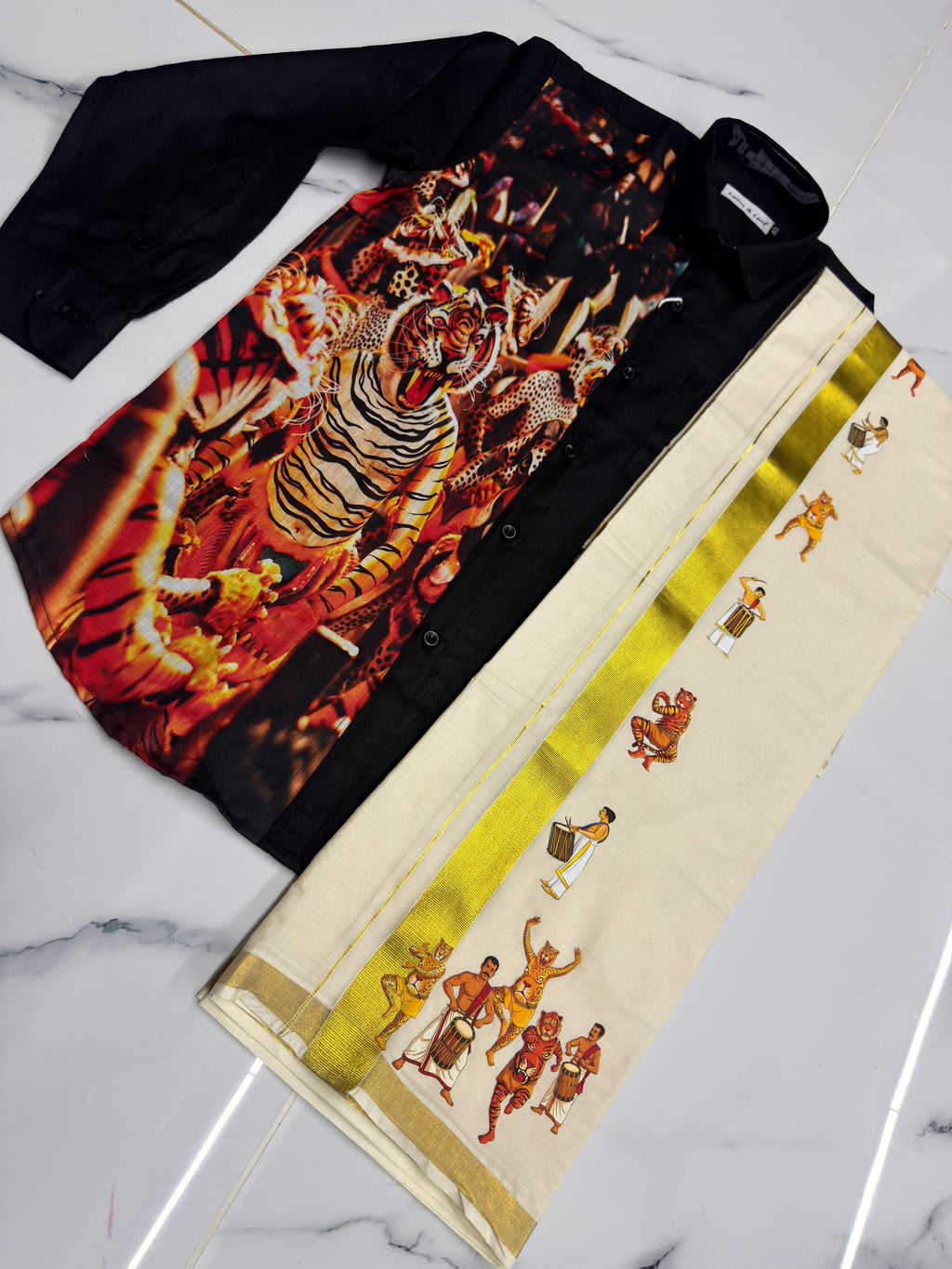 The Pulikali Festive Set – Premium Graphic Mens Shirt & Kasavu Mundu Combo