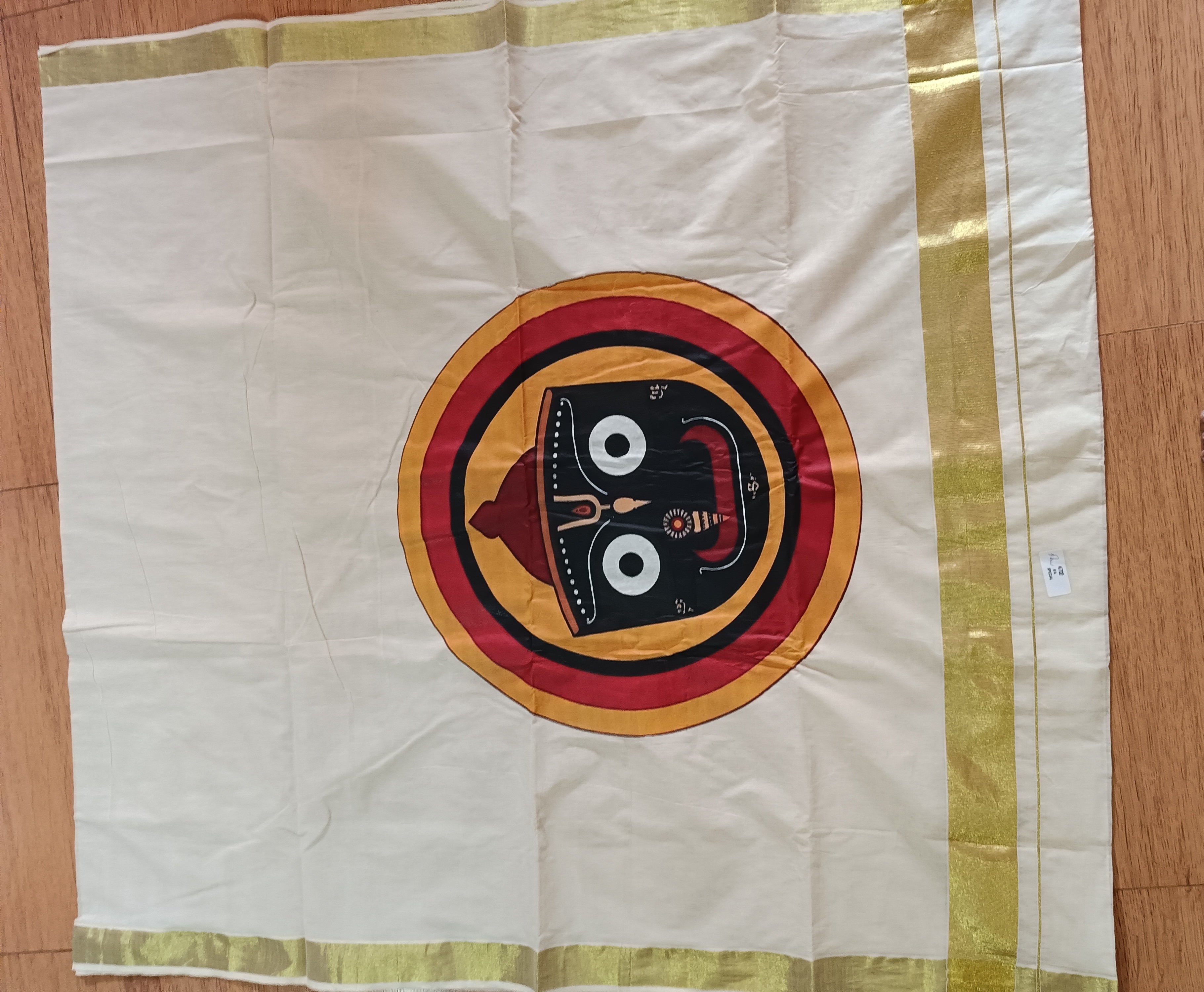 Kerala kasavu saree with Golden border Divine Jagannath - Ready to wear