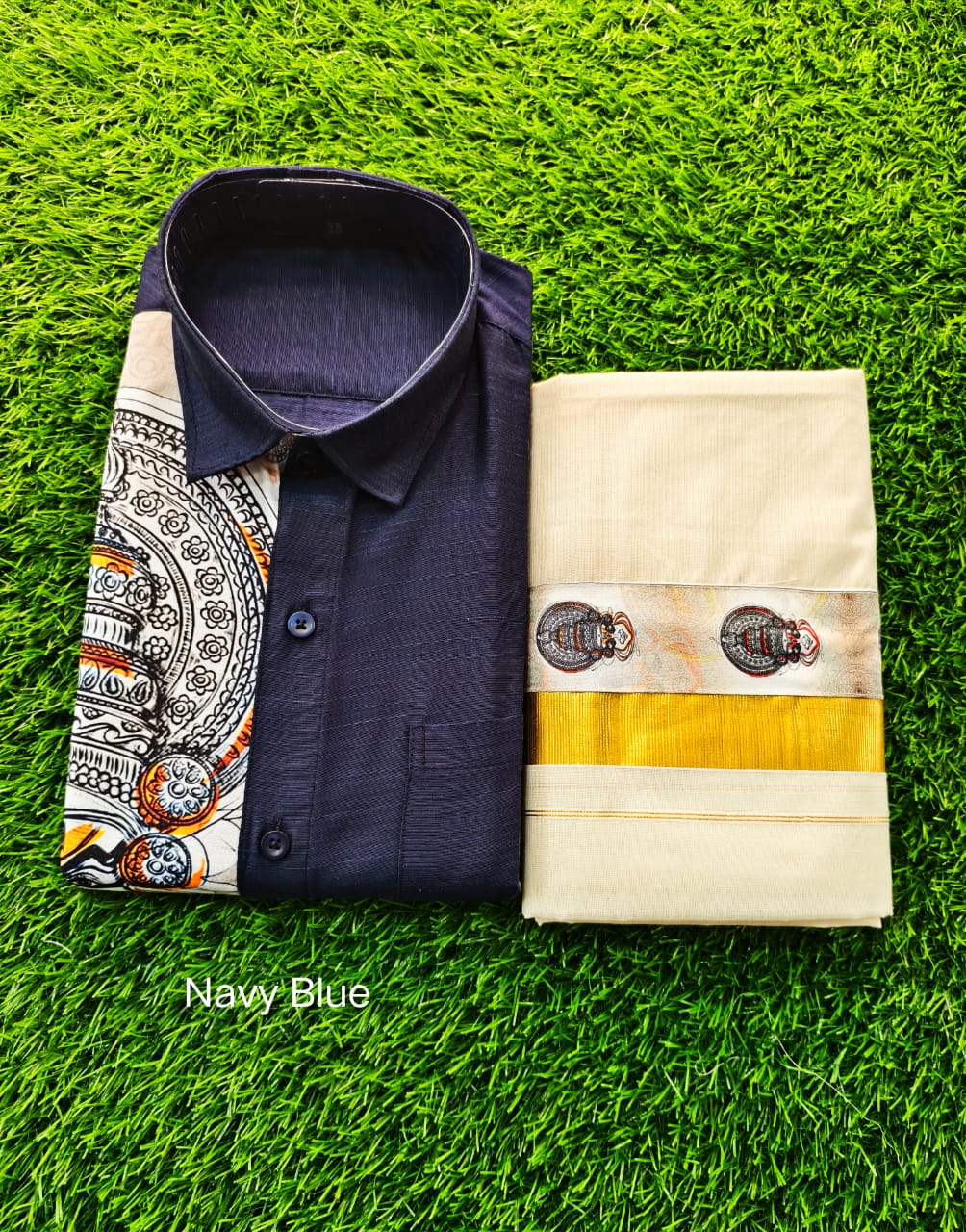 Kerala Traditional Kathakali Print Shirt and Mundu Combo for Mens